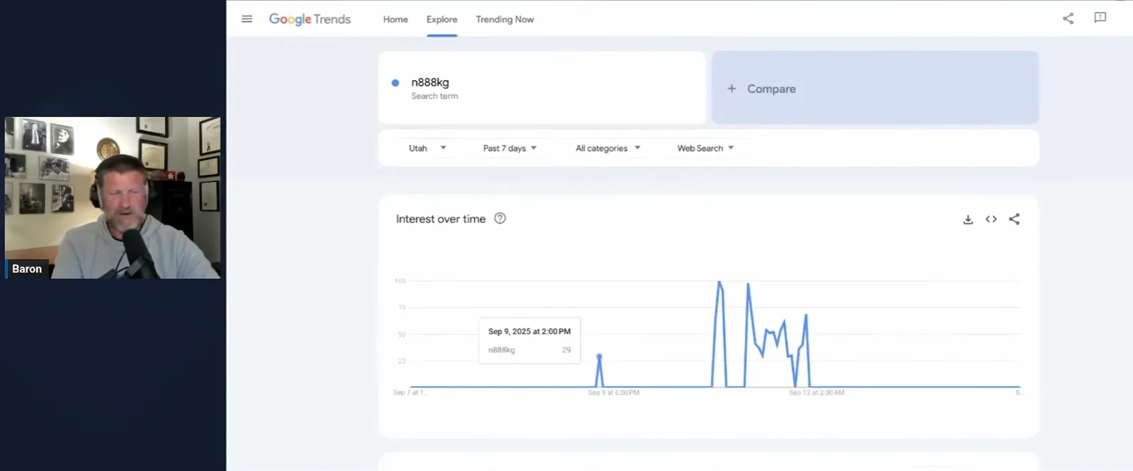 Google Trends chart for the term n888kg in Utah over seven days. A tooltip reads September 9, 2025 at 2:00 PM, value 29. Larger spikes follow from the evening of September 10.